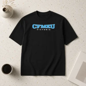 Awesome Cfmeu Victoria Blue Logo t shirt in blue cotton fabric, featuring a bold union emblem on the front