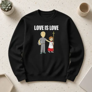 Nice Love Is Love Priest And Altar Boy Satire Sweater in dark grey, featuring bold text on front