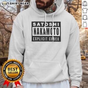 Hot Satoshi Nakamoto Explicit Codex Bitcoin Cryptocurrency White Hoodie displayed on a plain background