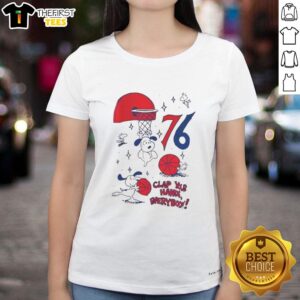 Pretty Snoopy X Philadelphia 76ers Clap Your Hands Everybody ladies tee featuring vibrant graphics and team colors.