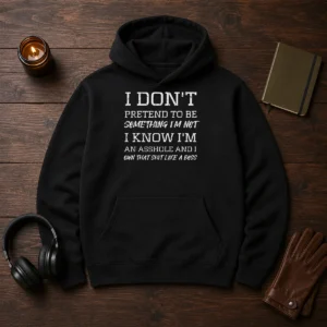 Pretty I Don'T Pretend To Be Something I'M Not I Know I'M An Asshole And I Own That Shit Like A Boss graphic on a black pullover hoodie