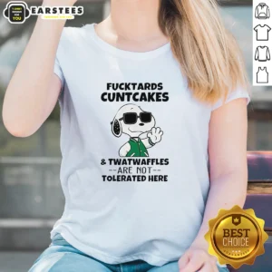Official Snoopy Peanuts Fcktards Cuntcakes And Twatwaffles Are Not Tolerated Here ladies shirt in a classic fit with bold text design