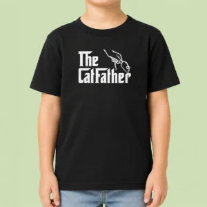 Original The Catfather Parody Kids T Shirt featuring playful cat graphic on a comfortable cotton tee