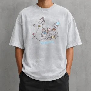 Pretty Chiikawa Characters And Duck Friend Illustration From The Washed T Shirt featuring a soft cotton washed tee with colorful character print