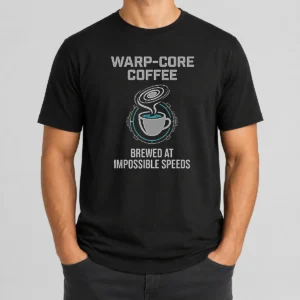 Awesome Warp Core Coffee Brewed At Impossible Speeds t shirt in black, front view with bold white and red graphic print