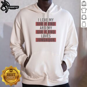 Good Jungkook BTS I Love My Girlfriend And My Girlfriend Loves Jungkook Fans Hoodie in black, featuring bold white text on front
