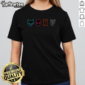 Top Fox Alien Castle Harp Mystic Icons Emblem girlt shirt featuring unique mystical graphics.