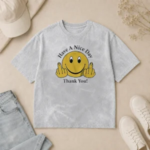 Original Smiley Face Have A Nice Day Thank You washed t shirt in soft cotton fabric with faded print