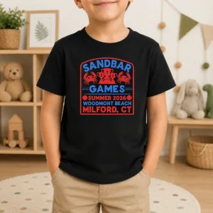 Pretty Sandbar Games Summer 2026 Woodmont Beach Milford CT Crab Trophy Kids T-Shirt