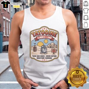 Pretty Tatooine Summer Camp Twin Sun Hikes Droid Repair Moisture Farming Star Wars Tank Top displayed in a vibrant setting.