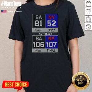 Hot New York Knick Comeback ladies tee in white, featuring bold graphic print on front
