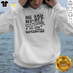 Two friends wearing matching 'Depressties' hoodies, showcasing their bond over mental health awareness and shared experiences.