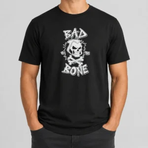 Premium Bad To The Bone Skull Skeleton t shirt in black, featuring a bold skull skeleton graphic on front