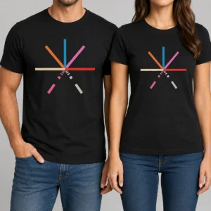 Premium Abstract Geometric Color Burst Minimalist Pattern Composition t shirt in white, front view with vibrant geometric pattern
