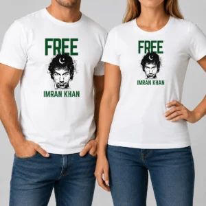 Pretty Free Imran Khan Cricket t shirt showing front design on a classic crew neck short sleeve cotton tee