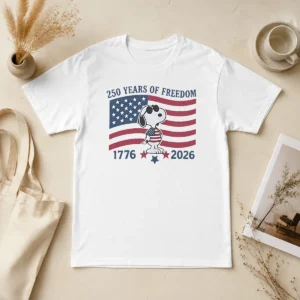 Pretty Snoopy Wearing Sunglasses 250 Years Of Freedom 1776 2026 graphic on white short sleeve t shirt