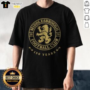 Pretty Middlesbrough Football Club 1876 150 Years Crest Logo Red And Gold Sport Shirt displayed on a hanger