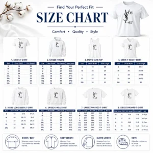 Size chart for Original Ysl You Slut Parody with measurements in inches and cm