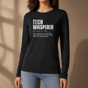 Original Tech Whisperer Definition Long Sleeve Shirt in black, showing front graphic design and crew neckline