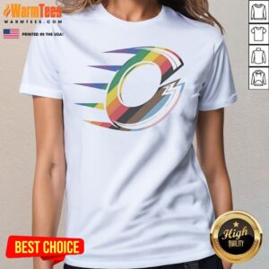 Official Ottawa Charge Rainbow LGBTQ Pride Logo PWHL Graphic ladies tee showcasing vibrant colors and design.