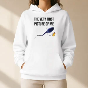 Good The Very First Picture Of Me Sperm With Beer Mug Hoodie in charcoal gray, front view with printed graphic