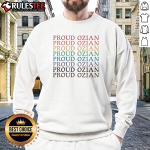Original Proud Ozian Rainbow Multicolor Repeated Bold Text LGBTQ Wizard Of Oz Fan Sweatshirt featuring vibrant rainbow print on cozy pullover