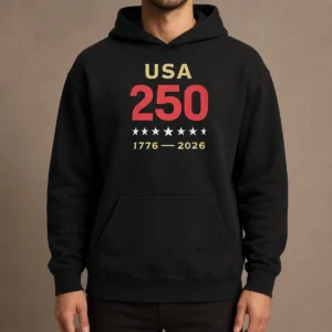 Original USA 250 1776 2026 Patriotic American Independence Anniversary Hoodie in navy blue with front pocket and drawstring hood
