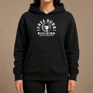 Hot Free Hugs Alien Facehugger Building Better Worlds 1979 Hoodie in black, front view with graphic print