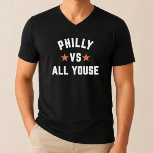 Original Philly VS All Youse Fan V Neck Shirt in charcoal gray showing front graphic design