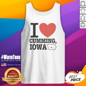 Pretty I Heart Cumming Iowa tank top in white, sleeveless casual summer wear with bold red heart graphic