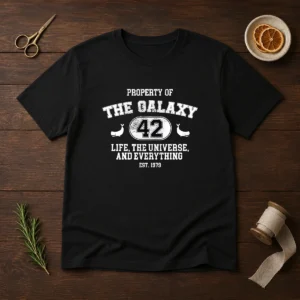 Original Property Of The Galaxy 42 Life The Universe And Everything Est 1979 t shirt in black, front view with bold graphic print