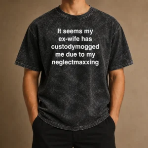 Original It Seems My Ex Wife Has Custodymogged Me Due To My Neglectmaxxing Text printed on a comfortable washed t shirt