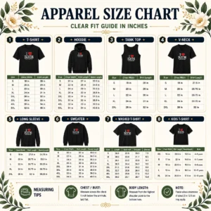 Size chart for Premium I Love Rice Vote For Benny Barrels with garment measurements in inches and cm