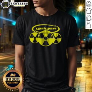Hot Geiger Radiation Symbol Pop Culture Logo Design Radioactive Nuclear Hazard shirt displayed on a flat surface.