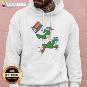 Top Philadelphia Phillies Pride Mascot Running With Progress Flag Hoodie showcasing vibrant colors and a fun design.