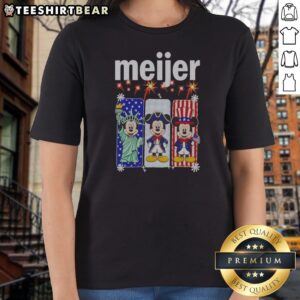 Premium Meijer Mickey Mouse As Statue Of Liberty And Uncle Sam Patriotic Ladies Shirt featuring bold red, white, and blue graphic on comfortable cotton fabric