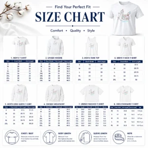 Size chart for Premium Chiikawa Characters And Duck Friend Illustration From The Shirt with measurements in inches and cm