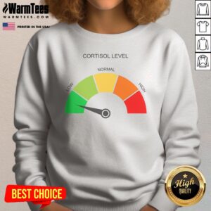 Hot Cortisol Level Low Normal High sweatshirt in charcoal gray, featuring bold colorful text design on front