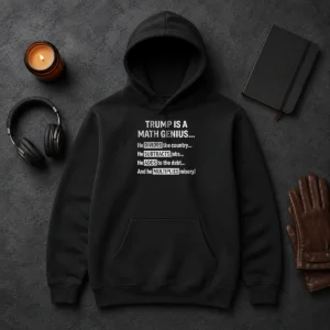 Top Trump Is A Math Genius He Divides The Country He Subtracts Jobs graphic hoodie in black with bold white text