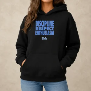 Official UCLA Bruins Discipline Respect Enthusiasm Hoodie in navy blue with front kangaroo pocket and drawstring hood