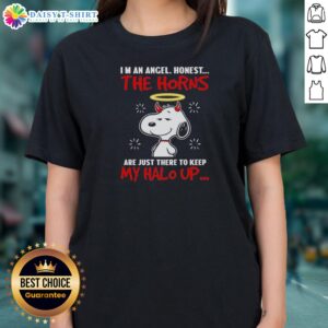 Good Official Snoopy I'M An Angel Honest The Horns Are Just There To Keep My Halo Up Ladies Shirt featuring a playful Snoopy graphic on a comfortable women's tee
