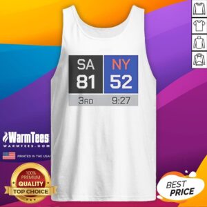 Pretty SA 81 NY 52 Third Quarter Scoreboard San Antonio Spurs Vs New York Knicks tank top in black with bold scoreboard graphic