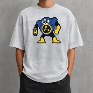 Nice Blue Robot Pixel Art Mega Man Style Washed T Shirt featuring a soft, comfortable fabric with a retro gaming pixel art design