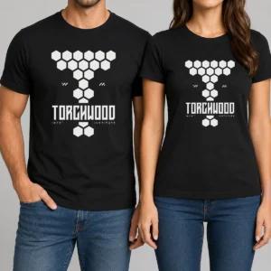 Official Hex Rift Tech Torchwood t shirt in black featuring detailed tech-inspired graphic design on front