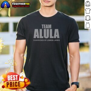 Top Team Alula Lebron James Championed Bold Sports Partnership Text Shirt in black, front view with bold white typography