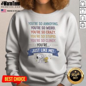 Good Snoopy And Woodstock You'Re So Annoying You'Re So Weird You'Re So Crazy You'Re So Stupid sweatshirt displayed on a neutral background.