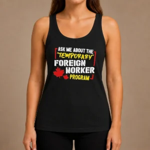 Premium Ask Me About The Temporary Foreign Worker Program Tank Top in black, sleeveless casual wear
