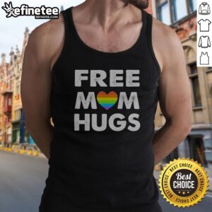 Official Free Mom Hugs Rainbow Heart Pride Movement Inclusive Love And Support tank top featuring a vibrant rainbow heart design.