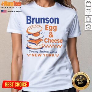 Funny Brunson Egg & Cheese Serving Buckets Daily NEW YORK Jalen Brunson ladies tee in black with bold white and yellow text design