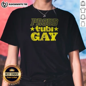 Awesome Proud Tubi Gay LGBT Pride Month Ladies Shirt featuring vibrant rainbow colors and bold text